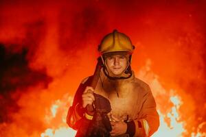 Feuerwehrmann beim Arbeit. Feuerwehrmann im gefährlich Wald Bereiche umgeben durch stark Feuer. Konzept von das Arbeit von das Feuer Bedienung foto