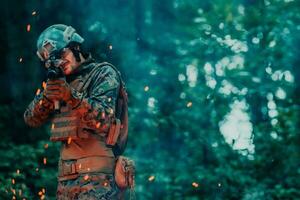 ein Soldat Kämpfe im ein Kriegswald Bereich umgeben durch Feuer foto