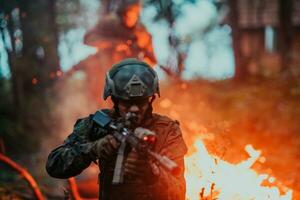 ein Soldat Kämpfe im ein Kriegswald Bereich umgeben durch Feuer foto