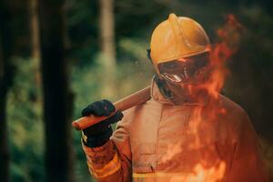 Feuerwehrmann beim Arbeit. Feuerwehrmann im gefährlich Wald Bereiche umgeben durch stark Feuer. Konzept von das Arbeit von das Feuer Bedienung foto