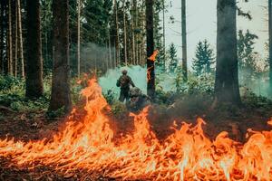 modern Krieg Soldaten umgeben durch Feuer Kampf im dicht und gefährlich Wald Bereiche foto