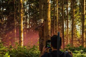 Videograf mit Fachmann Film Video Kamera kardanisch stabilisierend Ausrüstung nehmen Aktion schießen von Soldaten im Aktion im Wald foto