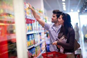 Paar in einem Supermarkt einkaufen foto