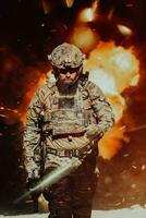Ein bärtiger Soldat in einer Uniform der Spezialeinheit geht nach einer erfolgreichen Mission durch ein verlassenes Gebäude. Auswahl Fokus foto
