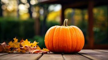 Porträt Kürbis mit Herbst Blatt auf das Tabelle ai generativ foto