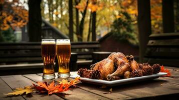 köstlich gegrillt Truthahn mit ein Glas Bier auf das Tabelle ai generativ foto