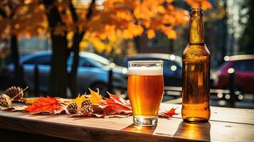 ein Glas Bier mit Herbst Blatt auf das Tabelle ai generativ foto