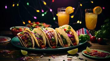 köstlich Tacos mit trinken auf das Tabelle ai generativ foto