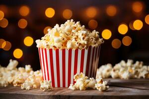 ein leeren Popcorn Box mit Popcorn knallen aus beim ein Kino foto
