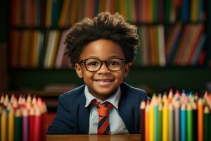 unny schwarz Junge Sitzung beim seine Schreibtisch beim Zuhause mit farbig Bleistifte foto