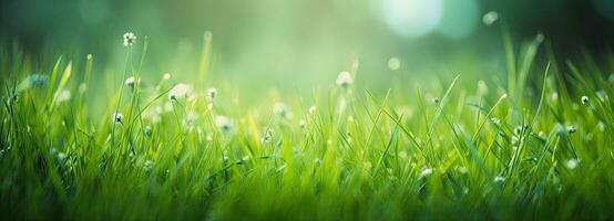 feucht frisch Gras im Frühling Sonne. saisonal Wiese Hintergrund mit Licht Bokeh und kurz Tiefe von Feld. ai generiert foto