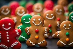 klein Lebkuchen Kekse dekoriert zu aussehen mögen glücklich Menschen im anders Farben ai generiert foto