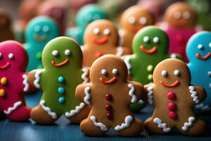 klein Lebkuchen Kekse dekoriert zu aussehen mögen glücklich Menschen im anders Farben ai generiert foto