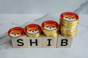 viele von Shiba inu Münzen shib sind auf hölzern Blöcke mit ein Weiß Marmor Hintergrund. foto