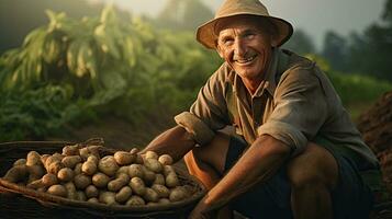 Porträt Farmer Ernte Kartoffeln mit Licht Exposition ai generativ foto