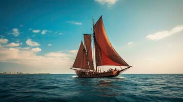 Porträt pinisi Schiff Segeln auf das Meer mit Licht Exposition ai generativ foto