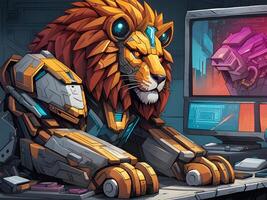 ein Karikatur Illustration von ein Löwe mit ein Computer im ein modern Stil. foto