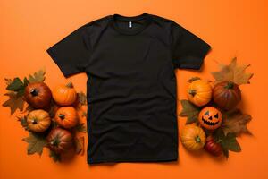 schwarz Damen T-Shirt Halloween Attrappe, Lehrmodell, Simulation mit Kürbisse und Blätter auf Orange Hintergrund. Design t Hemd Vorlage, drucken Präsentation spotten hoch. oben Aussicht eben legen. generiert ai. foto