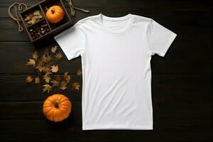 Weiß Damen T-Shirt Halloween Attrappe, Lehrmodell, Simulation mit Kürbisse und Blätter auf dunkel Hintergrund. Design t Hemd Vorlage, drucken Präsentation spotten hoch. oben Aussicht eben legen. generiert ai. foto