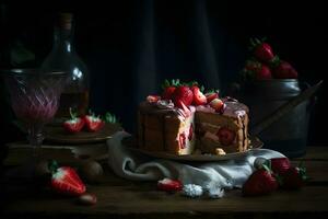 köstlich Erdbeere Keks Kuchen Torte Dessert mit frisch Beeren und Butter Sahne auf dunkel Hintergrund. ai generiert. foto