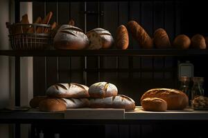 verschiedene Typen von frisch brot, Gebäck und Stangenbrot auf Regale im Bakeryon ein rustikal Tabelle im ein Brot Geschäft zum Frühstück und Nachmittag Tee. ai generiert. foto