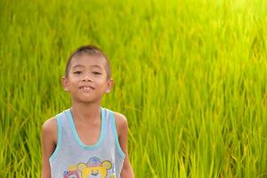 asiatisch jung Junge lächelnd und charmant auf Reis Feld und Sonnenaufgang Hintergrund ,Junge Lächeln und charmant, Lebensstil von asiatisch Kinder, Konzept von Leben und Nachhaltigkeit, Umwelt und Landwirtschaft. foto