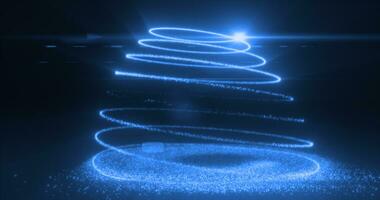 abstrakt hell Blau fliegend Linie von Punkte und leuchtend Partikel von energisch magisch hell Spiralen im das gestalten von ein Weihnachten Neu Jahr Baum foto
