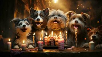 Haustiere' Geburtstag. Katzen und Hunde sitzen in der Nähe von ein Geburtstag Kuchen mit Kerzen beim ein Geburtstag Party foto