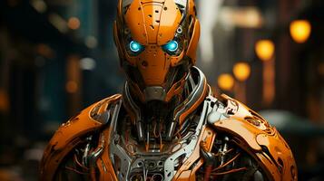 Gesicht von ein futuristisch Hightech Cyborg Roboter männlich. verbinden Mann und Computer mit künstlich Intelligenz im das Zukunft von Menschheit foto