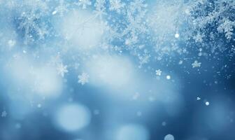 Weiß Schnee und Schneeflocken Bokeh Blau Hintergrund ai generiert foto
