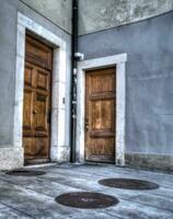 hölzern Türen wie gesehen von das Straße, carouge Stadt, Schweiz foto