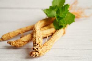 Ginseng Wurzeln und Grün Blatt, organisch Natur gesund Lebensmittel. foto