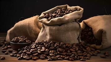 ai generiert braun geröstet Kaffee Bohnen im Sack Tasche verschüttet mit rustikal sieht aus foto