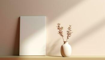realistisch Beige Rahmen und Pflanze Vase auf matt warm Hintergrund ai generiert foto