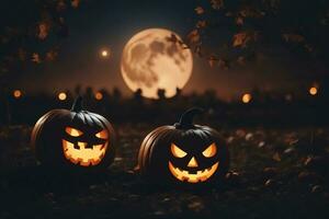 geschnitzt Kürbisse zum Halloween lächelnd auf Boden unter groß Mondlicht. groß Mond auf Hintergrund. Fledermäuse auf das Himmel. ai generiert foto