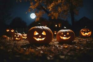 geschnitzt Kürbisse zum Halloween lächelnd auf Boden unter groß Mondlicht. groß Mond auf Hintergrund. Fledermäuse auf das Himmel. ai generiert foto