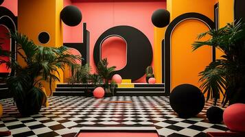 generativ ai, Memphis postmodern Stil Innere mit viele Pflanzen, beschwingt Farben Zimmer foto