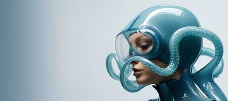 generativ ai, Frau im Plastik Blau Tintenfisch mögen Maske, hoch Technik Futurismus, minimalistisch Schönheit foto