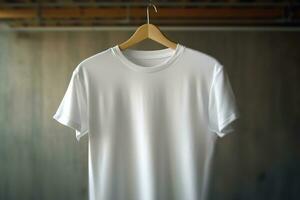 ein Weiß T-Shirt ist hängend auf ein Aufhänger.. ai generiert foto