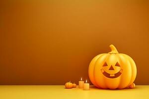 unheimlich 3d Szene Hintergrund zum Halloween mit ein Kürbis auf Sockel Kerzen. leeren Raum ai generiert foto