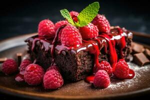 Schokolade Brownie mit ein Scoop von Eis Sahne und Himbeeren. ai generiert foto