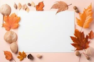 Herbst Blätter auf Pfirsich Tisch, Weiß Blatt von Papier. ai generiert foto