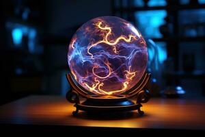 Magie Glas Ball mit Strom Entladungen innen. KI-generiert foto