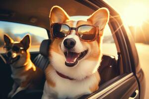 Corgi Hunde im Sonnenbrille Reiten im ein Wagen. ai generiert foto