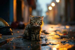 ein streunend Kätzchen ist Sitzung im das Regen auf das Straße. ai generiert foto