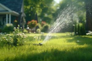 automatisch Bewässerung von Rasen Gras im das Garten. ai generiert foto