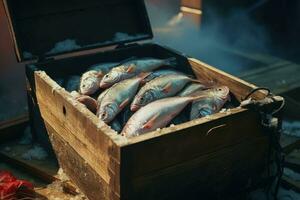 ein Box von frisch gefangen Fisch mit Eis. KI-generiert foto