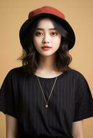 Porträt von süß Charme jung asiatisch tragen beiläufig Outfit ai generativ foto