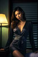 schön asiatisch Mädchen tragen Nacht Kleid im gemütlich Schlafzimmer ai generativ foto