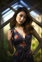 schön asiatisch Mädchen tragen sinnlich Kleid im Blume Garten ai generativ foto